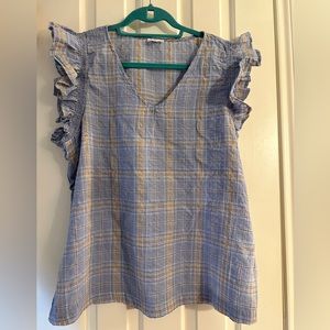 dip - Blue Plaid Cotton Sleeveless Top with Ruffles